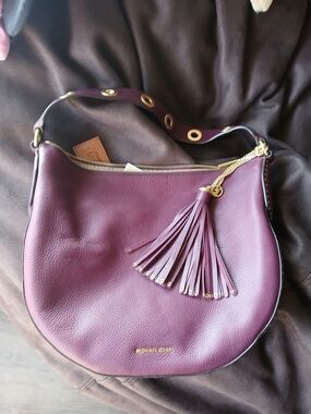 Michael Kors Plum Pebbled Leather Shoulder Bag with Gold Tassel